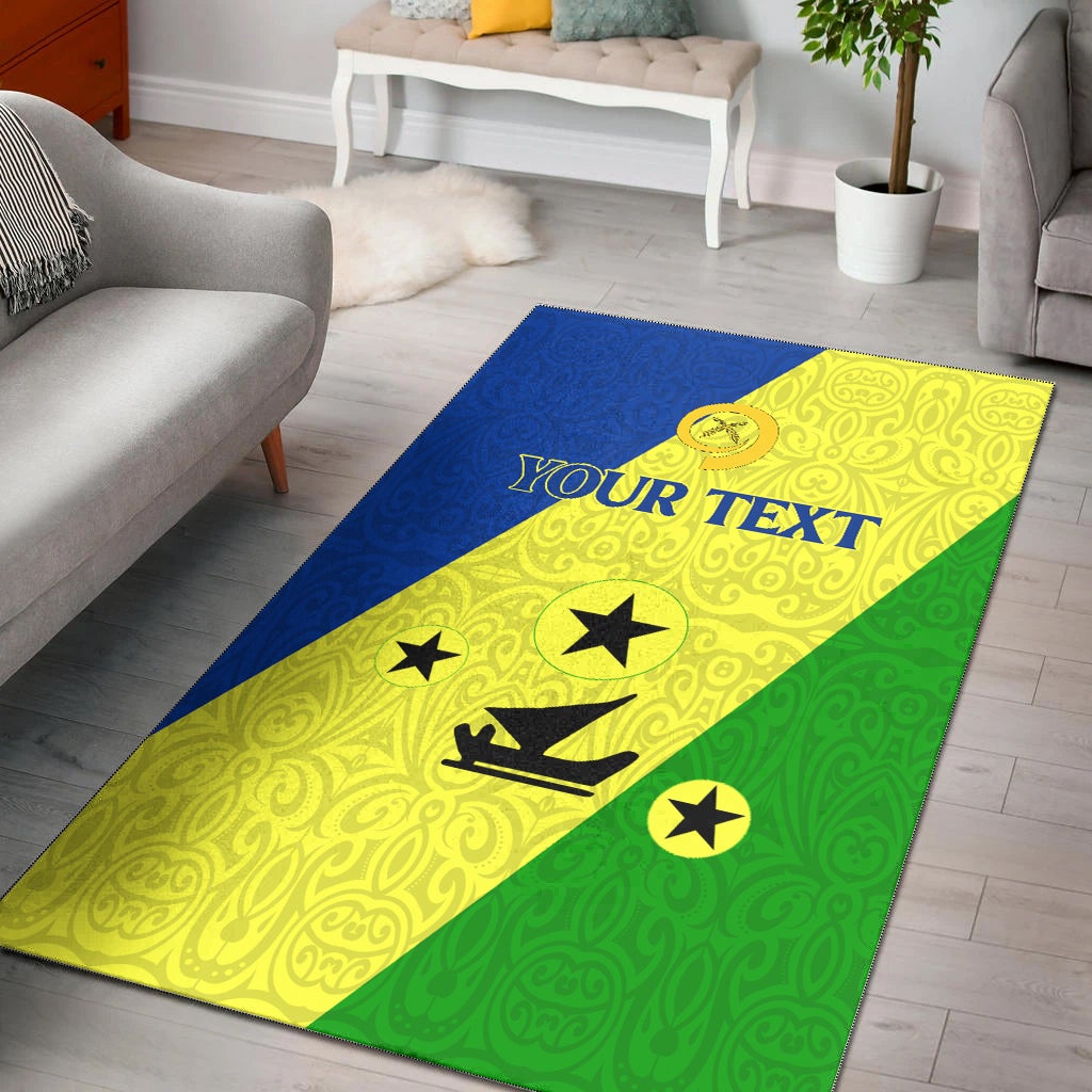 Vanuatu Malampa area rug with blue, yellow, green flag design and 'YOUR TEXT' banner