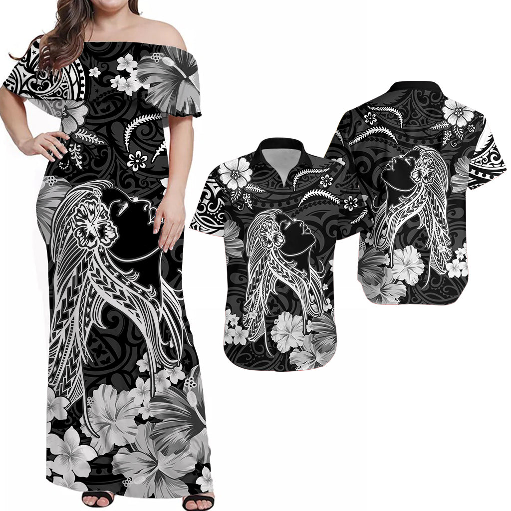 Off-shoulder Hawaiian maxi dress, black with white floral and tribal paisley print