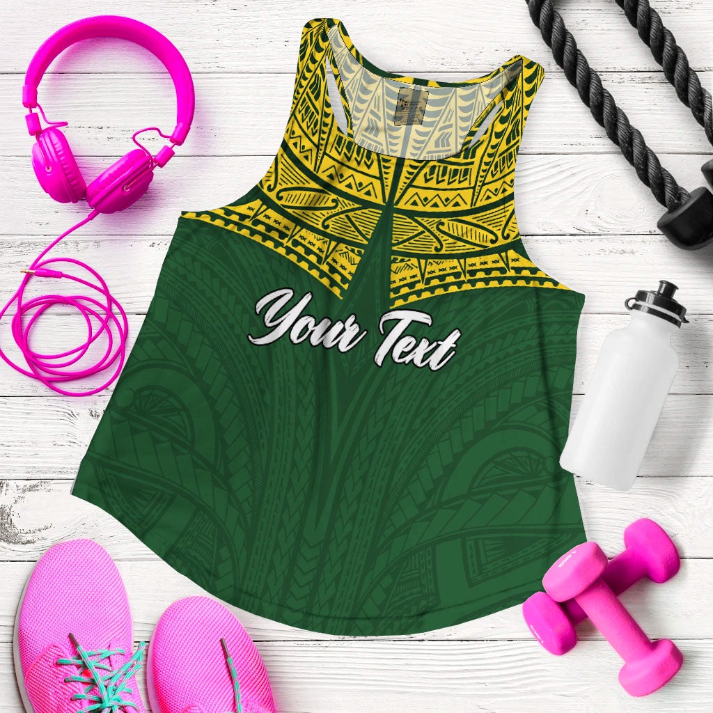 Grünes Damen-Tanktop mit gelbem Ethno-Muster und Aufdruck „Your Text“ (Front)
