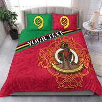 Custom Vanuatu bedding set in red with green and red pillows, “YOUR TEXT” band