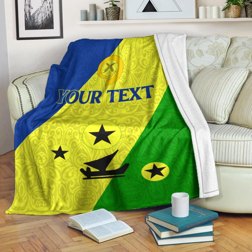 Vanuatu Malampa Province blanket, verde y azul con emblemas y texto personalizado