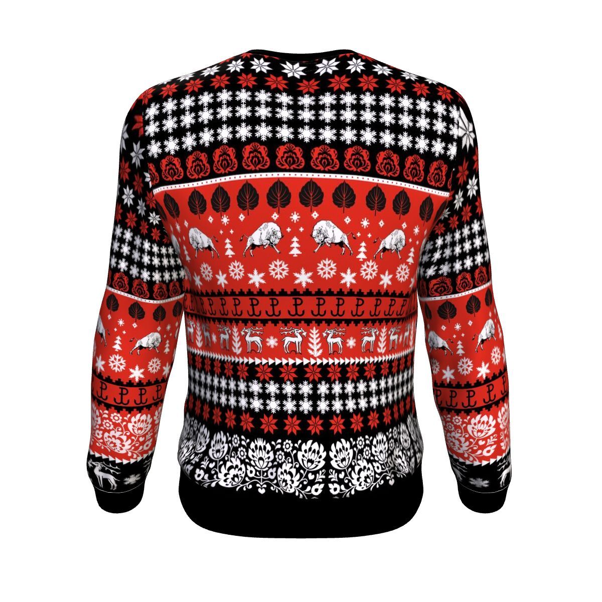 Unisex Poland Christmas sweatshirt, black with red/white festive pattern on back