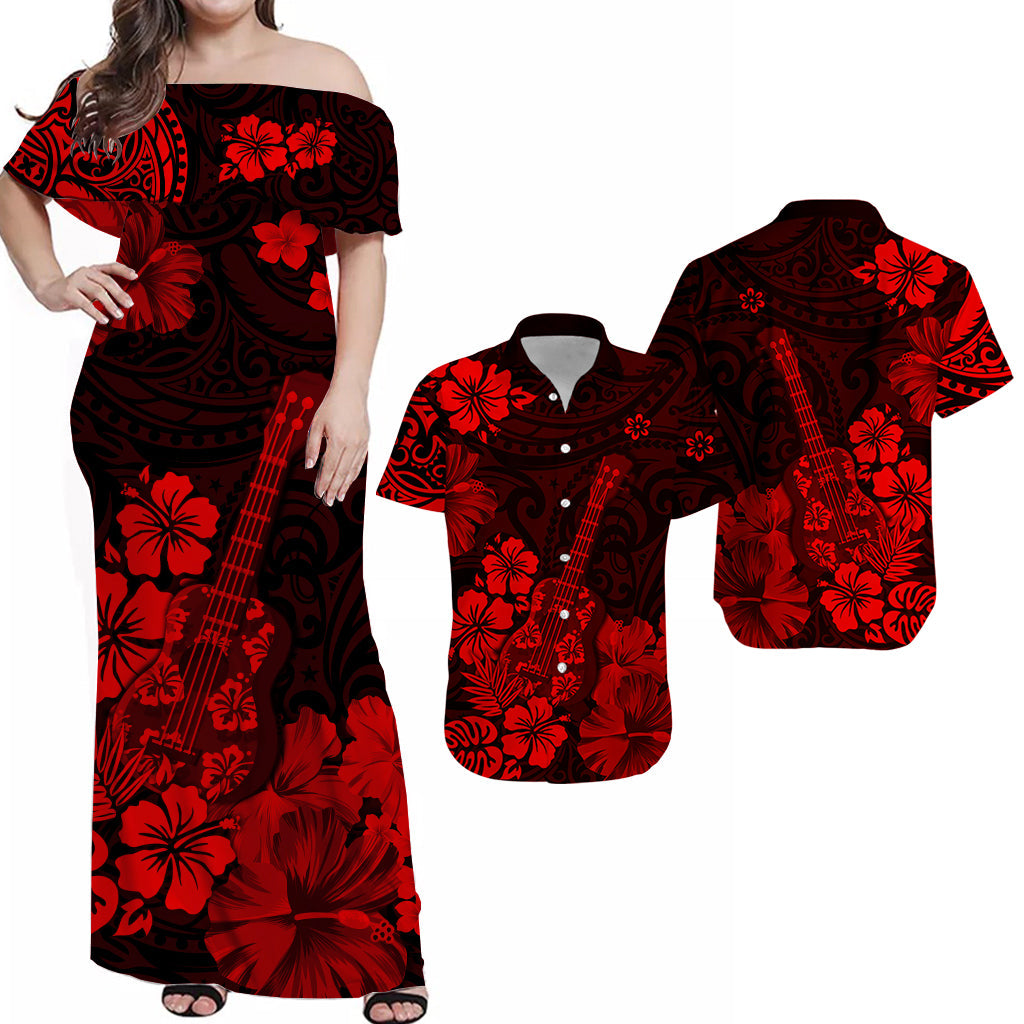 Polynesian matching red-and-black Hawaiian dress with off-shoulder style and floral guitar print