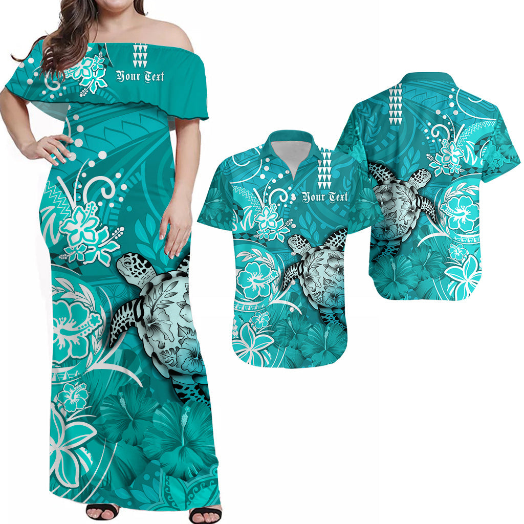 Turquoise off-shoulder maxi dress with sea turtle, hibiscus and 'Your Text' print