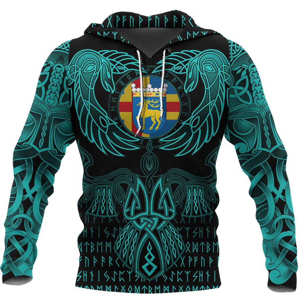 Viking Aaland Islands Hoodie Valknut of Odin Cyan RLT12 - Wonder Print Shop