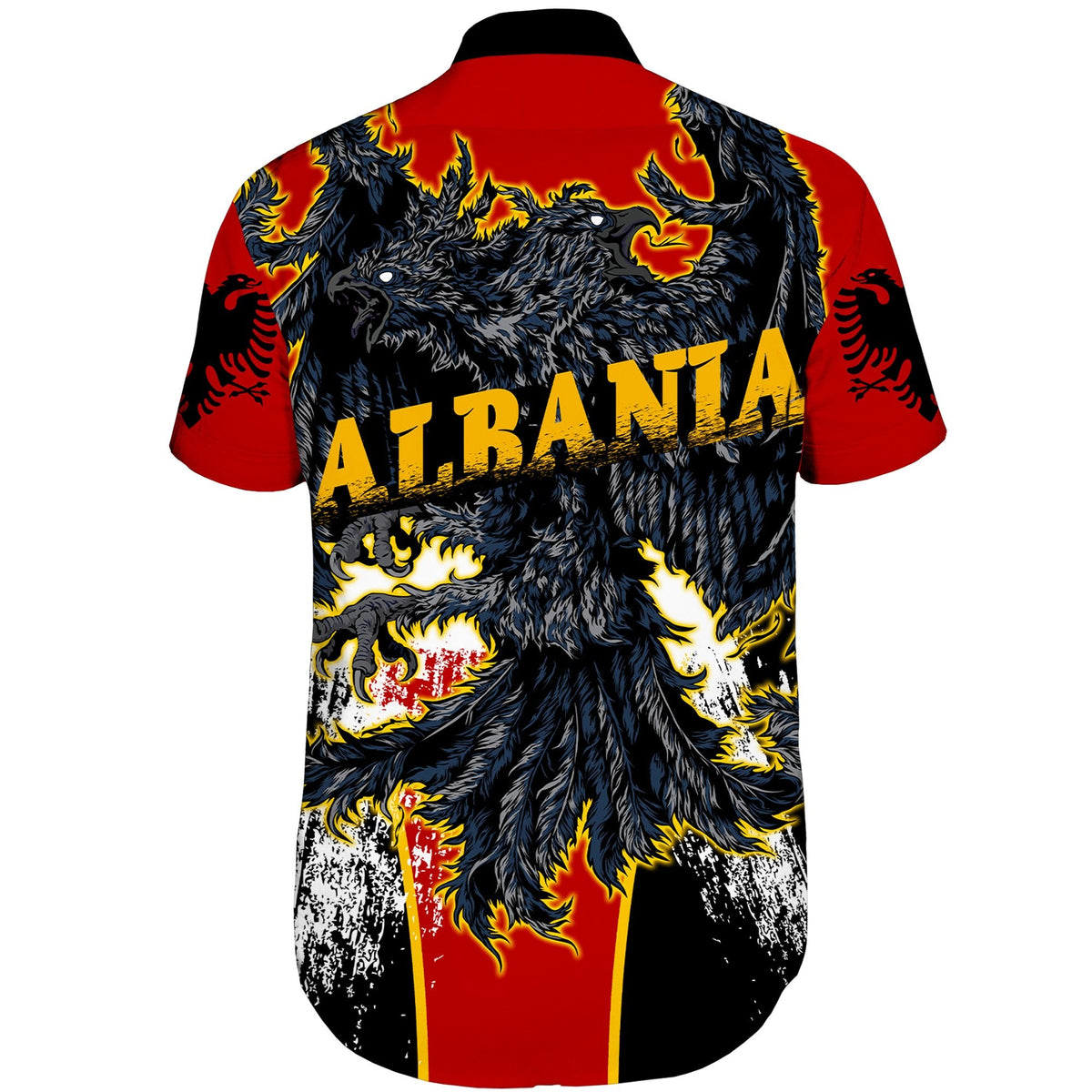 Unisex short sleeve button shirt, rear eagle graphic with “ALBANIA” text, red and black