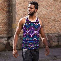 Men's purple multicolor geometric tribal tank top with white neckline trim