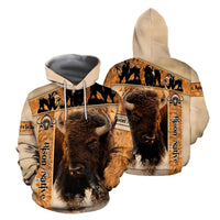Unisex pullover hoodie front and back, bison native-style print on tan and dark panels