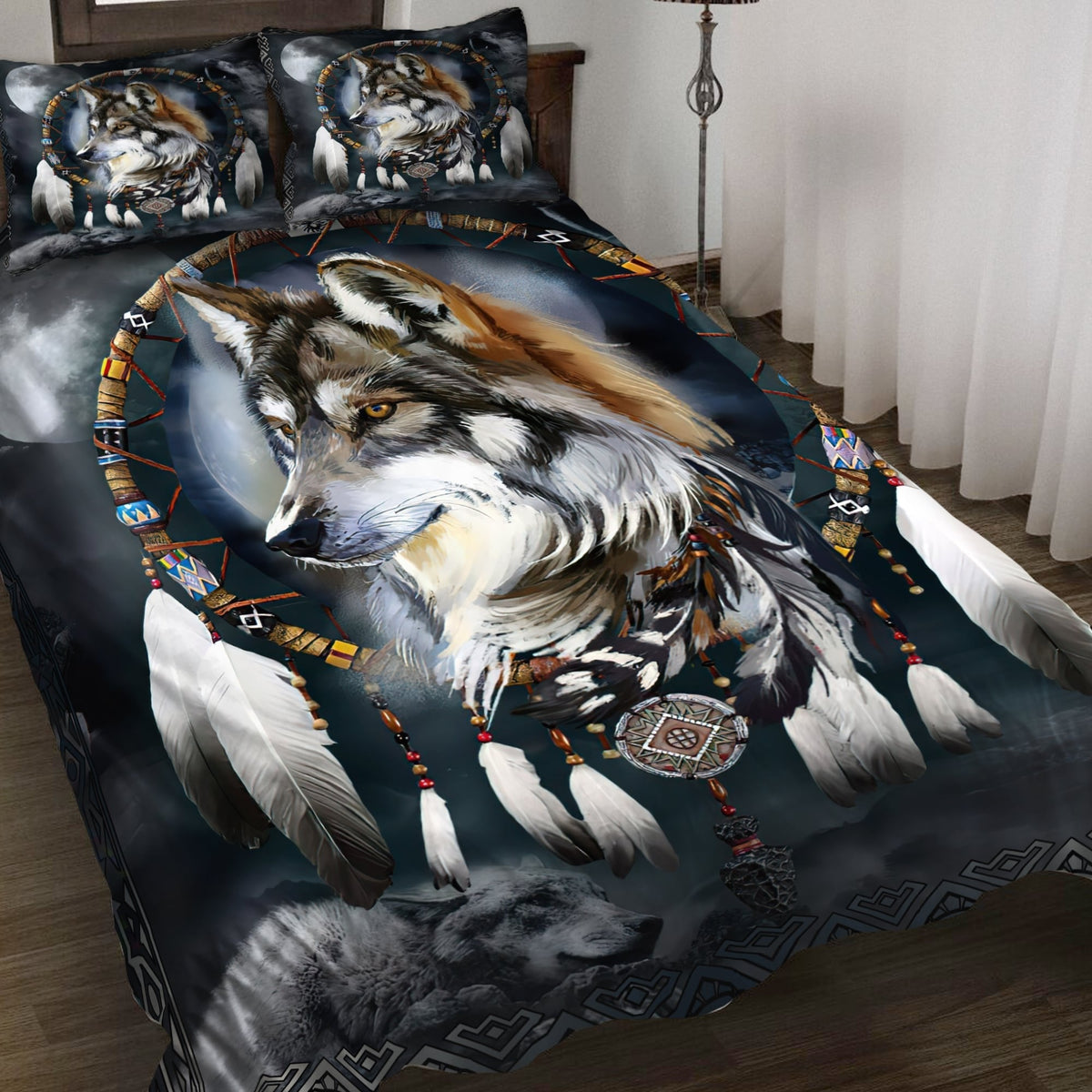Close-up view of wolf feather headdress 3D printed bedding set, matching pillows