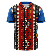 Colorful geometric baseball jersey: red/black/blue front with button placket