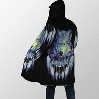 Black hooded cloak, close back/side view with multicolor wolf face and dreamcatcher feather details