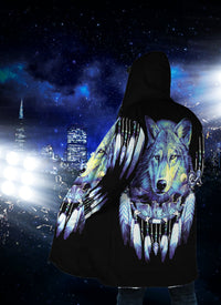 Black hooded cloak, rear view with multicolor wolf face and dreamcatcher feather details