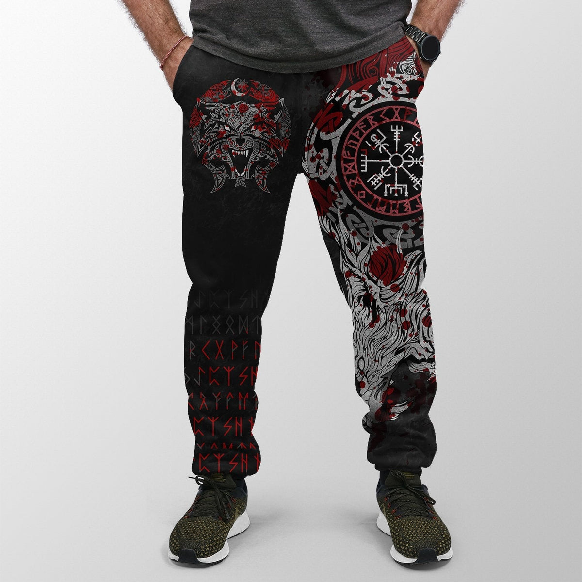Black jogger pants with red and white Viking-style front graphic and tapered cuffs