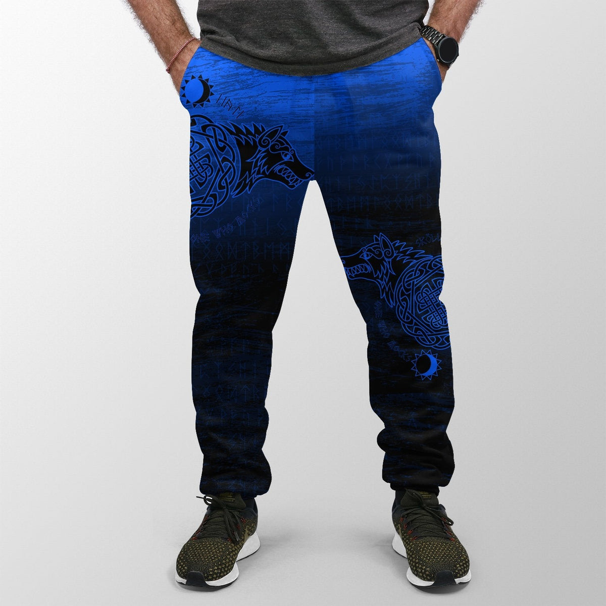 Blue jogger pants with dark Viking graphic print, elastic cuffs