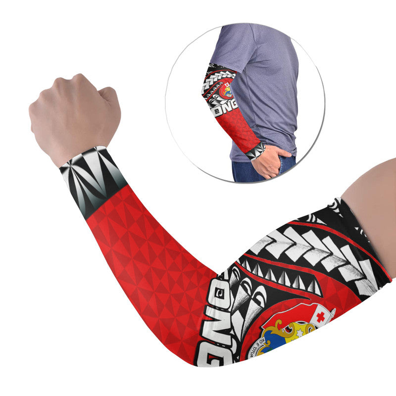 Red Polynesian tattoo arm sleeve with tribal pattern, set of 2