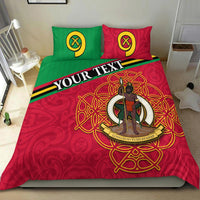 Red Vanuatu bedding set with golden emblem figure and “YOUR TEXT”, two pillowcases