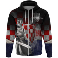 Black zip hoodie with Croatian checker graphic, warrior shield and sword, white drawstrings