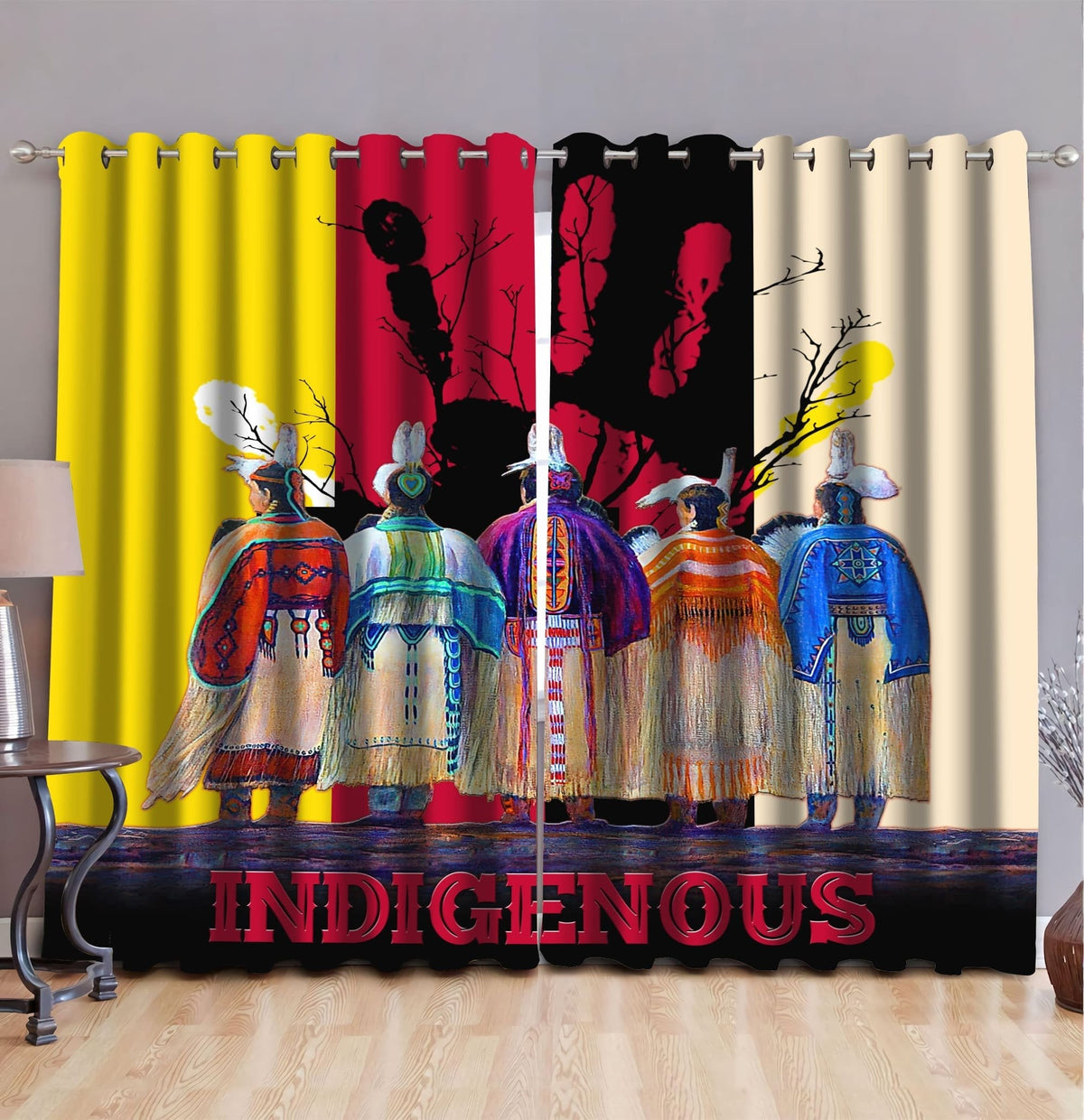 Multicolor Indigenous-themed printed window curtains with hooks on curtain rod