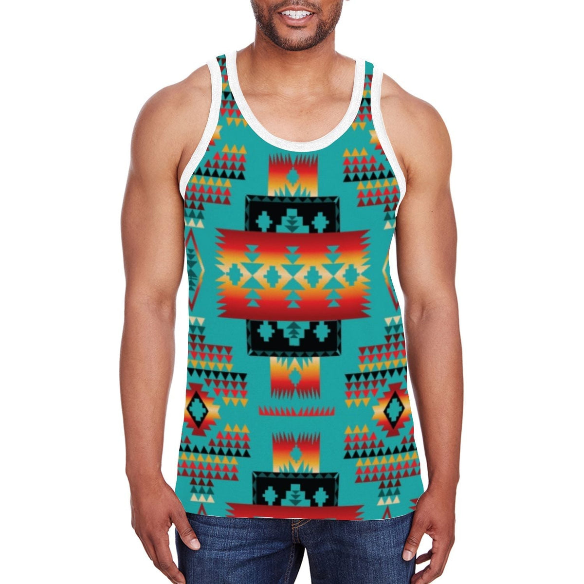 Front view of men's teal blue tank with bold multicolor Native all-over print