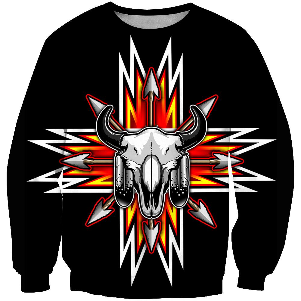 Black crewneck sweatshirt with multicolor 3D bison head and feather graphic
