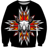 Black crewneck sweatshirt with multicolor 3D bison head and feather graphic