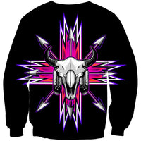 Black crewneck sweatshirt with centered multicolor bison skull and arrow emblem print