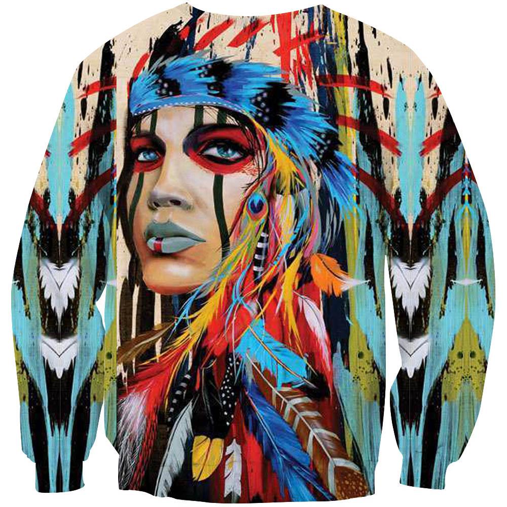 Multicolor graphic sweatshirt with Native woman portrait, feather details, crew neck