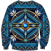 Blue sweatshirt with full Native geometric mandala print and patterned sleeves