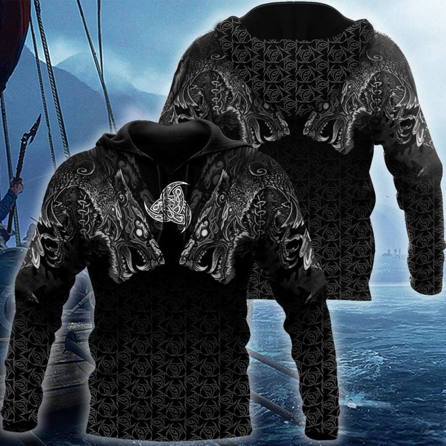 Black pullover hoodie with large wolf-head graphic and repeating knot pattern