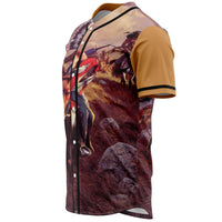 Baseball jersey side view with multicolor chief-and-horse artwork, black trim, button placket