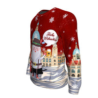 Red unisex sweatshirt side view with snowflakes and “Frohe Weihnachten” round emblem