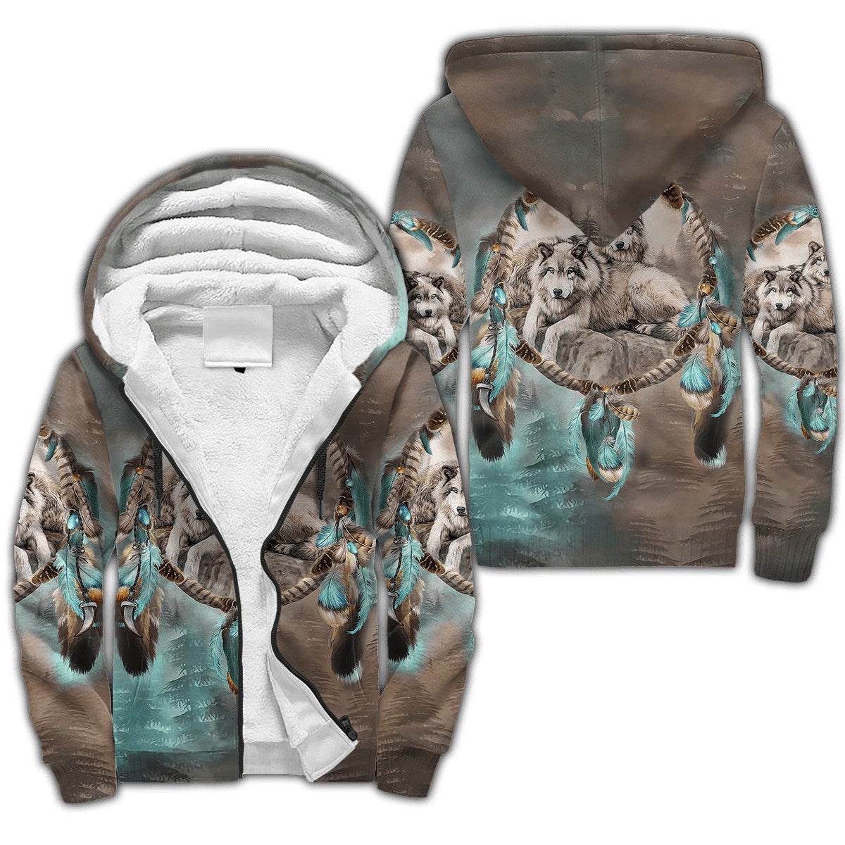 Unisex sherpa hoodie with all-over wolf print, teal feathers, and lined white hood
