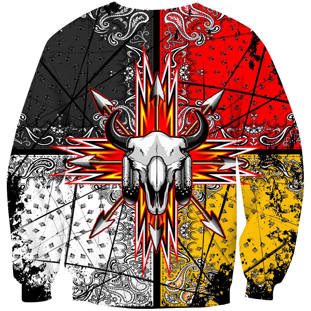 Front view multicolor crewneck sweatshirt with white bison skull emblem and bold bandana graphics