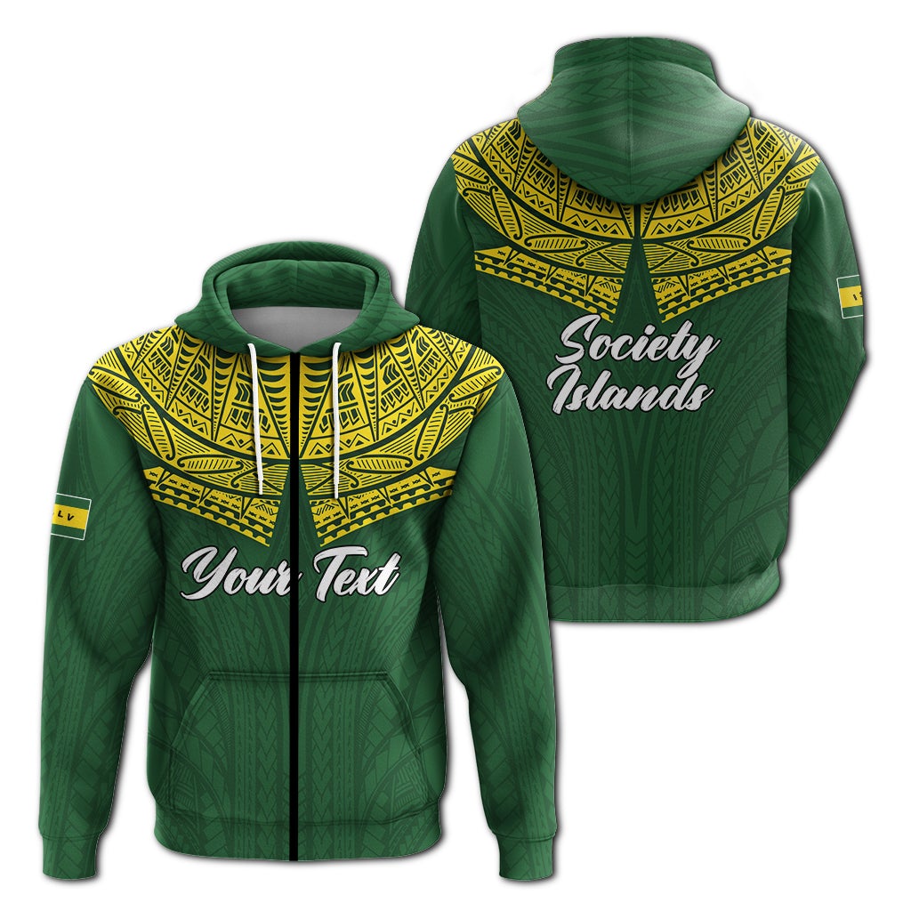 Green pullover hoodie front 'Your Text' with yellow patterned yoke; back 'Society Islands'