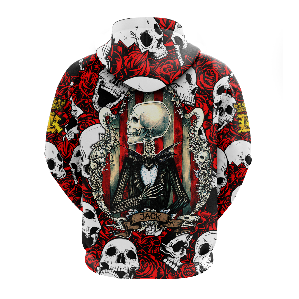 Red skull-and-rose pullover hoodie with back portrait and roses