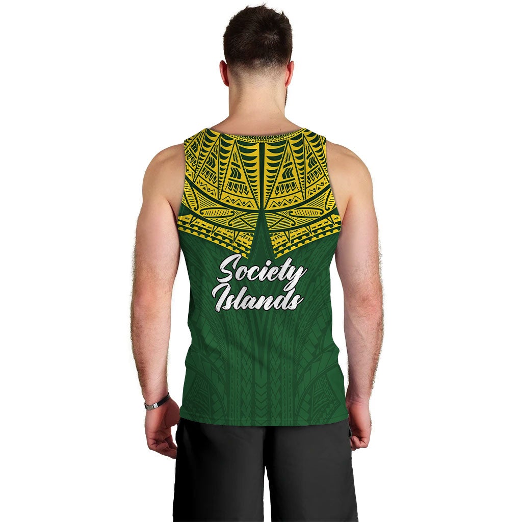 Green men's tank top with yellow patterned yoke and 'Society Islands' on back