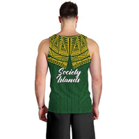 Green men's tank top with yellow patterned yoke and 'Society Islands' on back