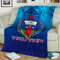 Blue throw blanket with central crest graphic and 'YOUR TEXT' printed across the front