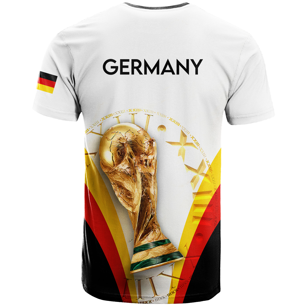 White Germany football T-shirt back with black trim, Germany text and trophy emblem
