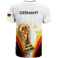White Germany football T-shirt back with black trim, Germany text and trophy emblem