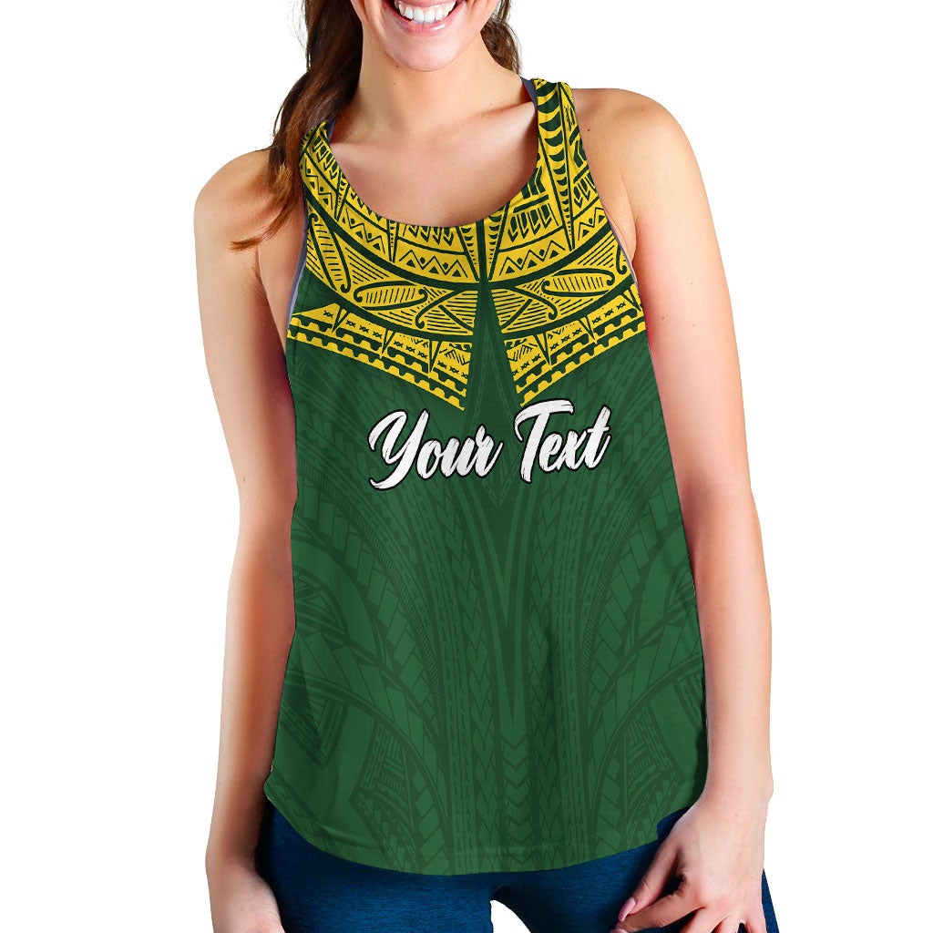Grünes ärmelloses Damen-Tanktop mit gelbem Muster am Ausschnitt und „Your Text“