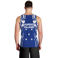 Blue men’s tribal tank top with back print text “Gambier Island” and stars