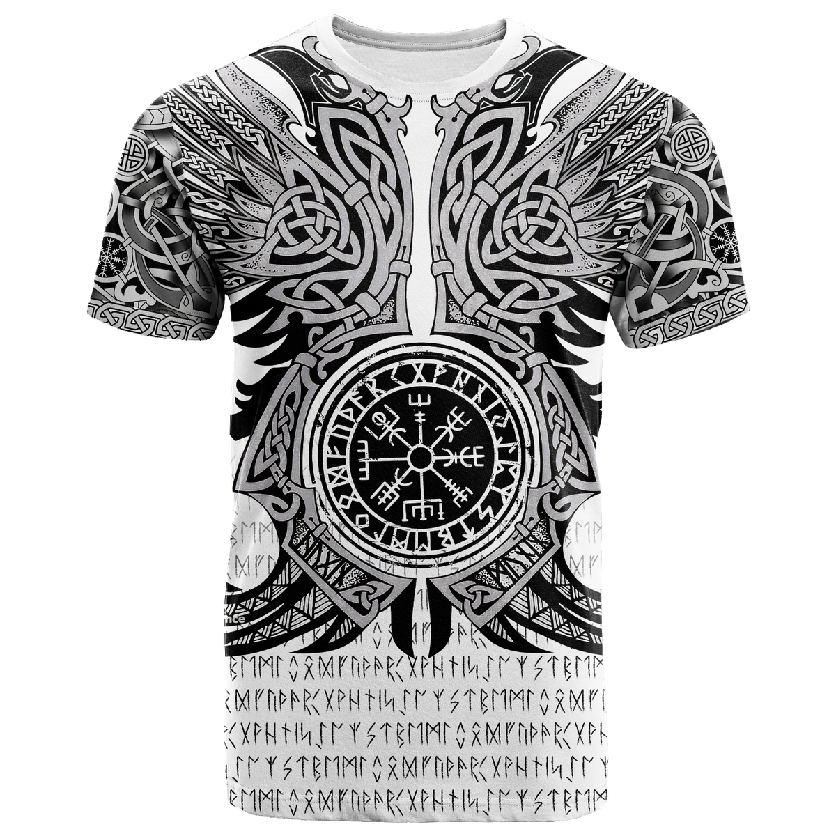 White graphic T-shirt with black rune compass and Viking knot sleeves