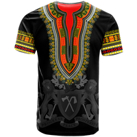 Black dashiki T-shirt with bold red-and-green V panel, ornate trim, lion emblem