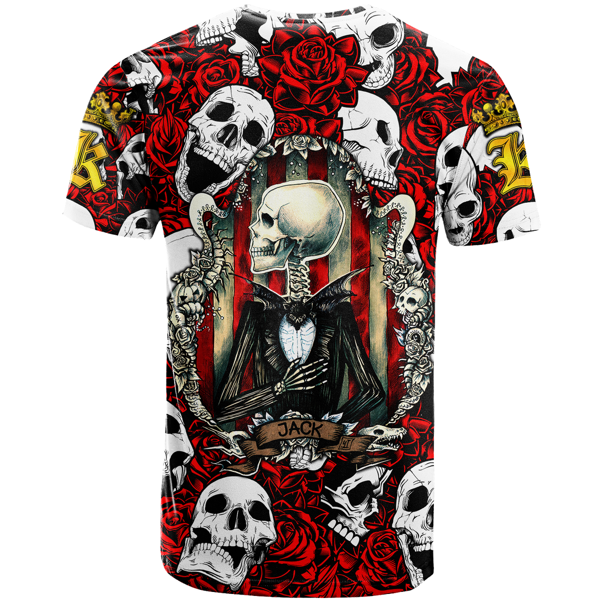 Red graphic T-shirt with skulls, roses, and dark tuxedo portrait