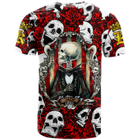 Red graphic T-shirt with skulls, roses, and dark tuxedo portrait