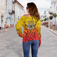 Women off-shoulder sweater back: multicolor Polynesian tattoo print in yellow-red