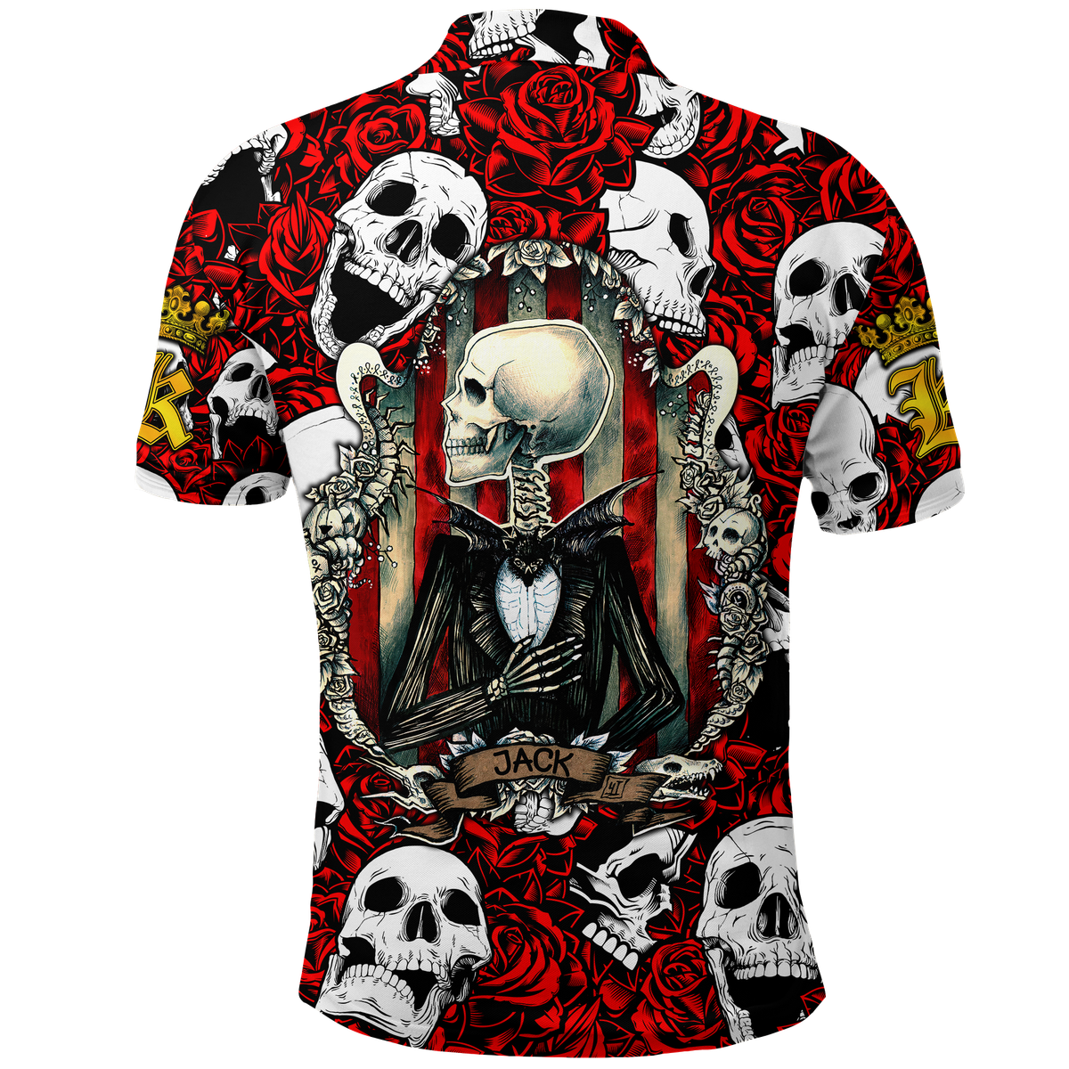 Red polo shirt with skulls, roses, and portrait graphic