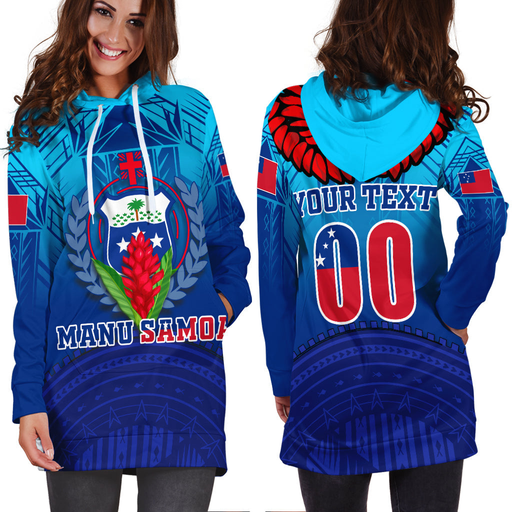 Blue hoodie dress back view with hood and large 'YOUR TEXT' '00' graphic