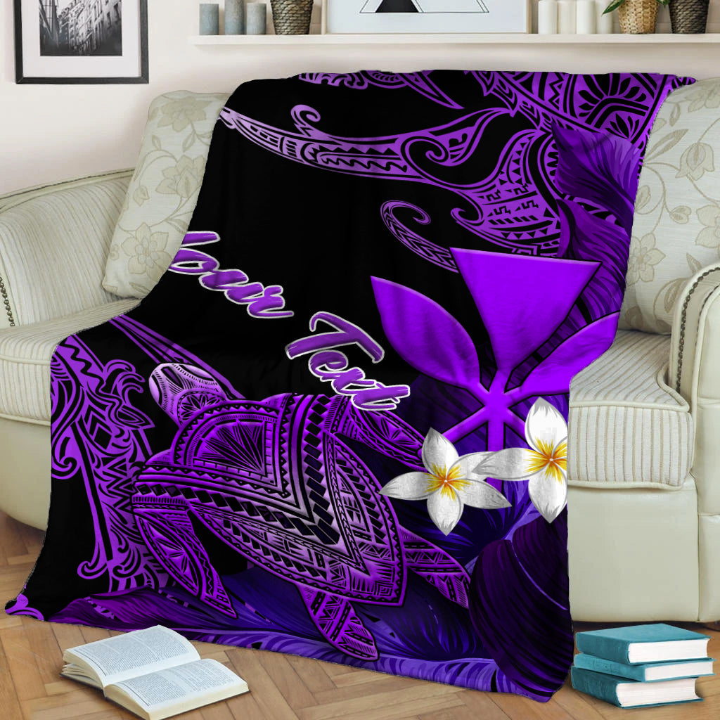 Black throw blanket with purple turtle motif, plumeria flowers, and raised name text